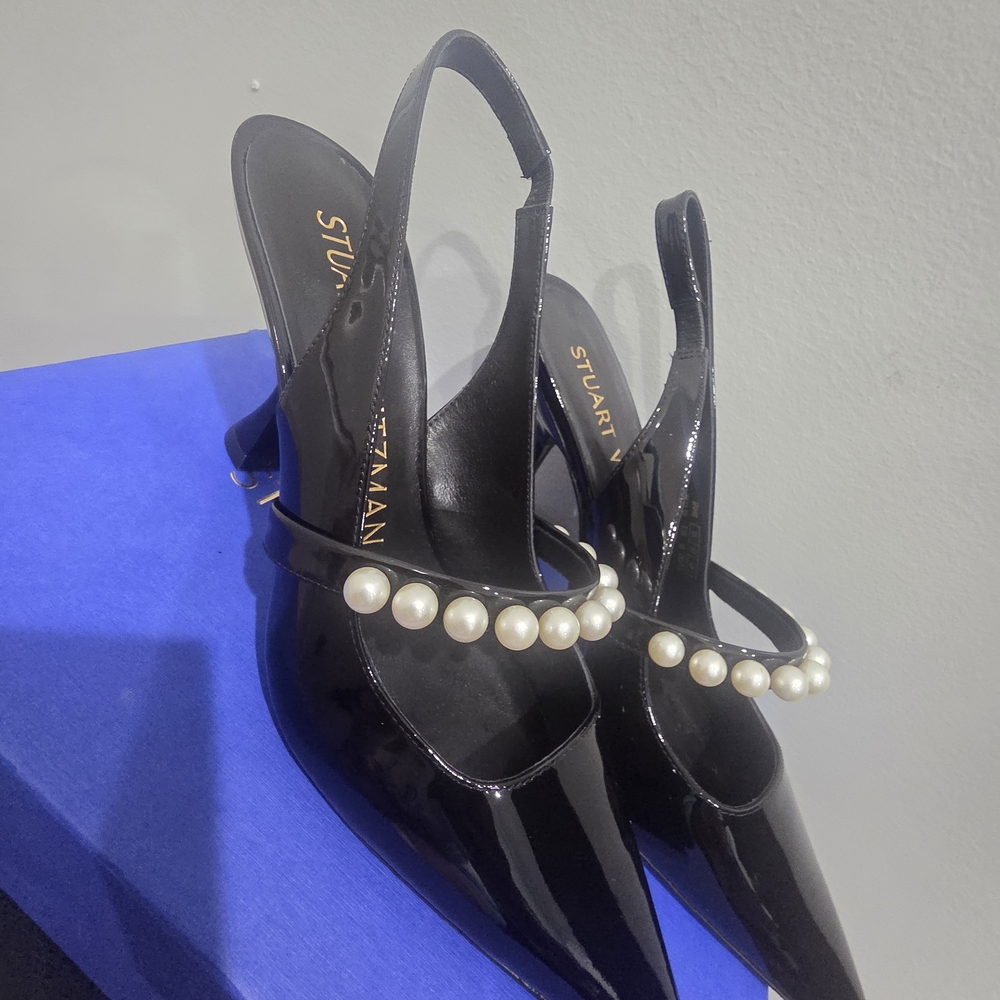 Stuart Weitzman Black Patent Slingback Pumps with Pearl Strap